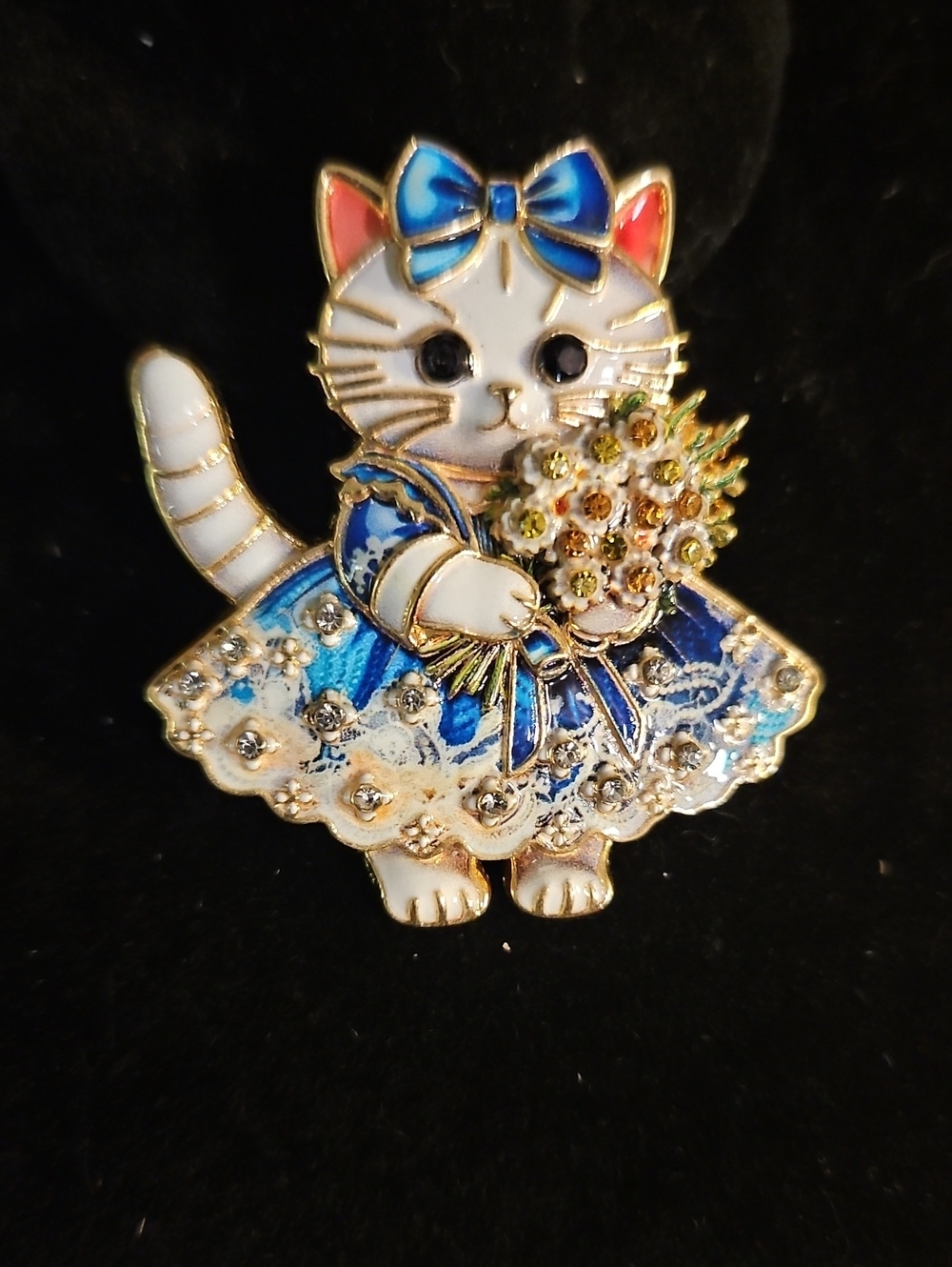 Blue Enamel Cat Brooch with Bouquet - Elegant Crystal Accent Pin